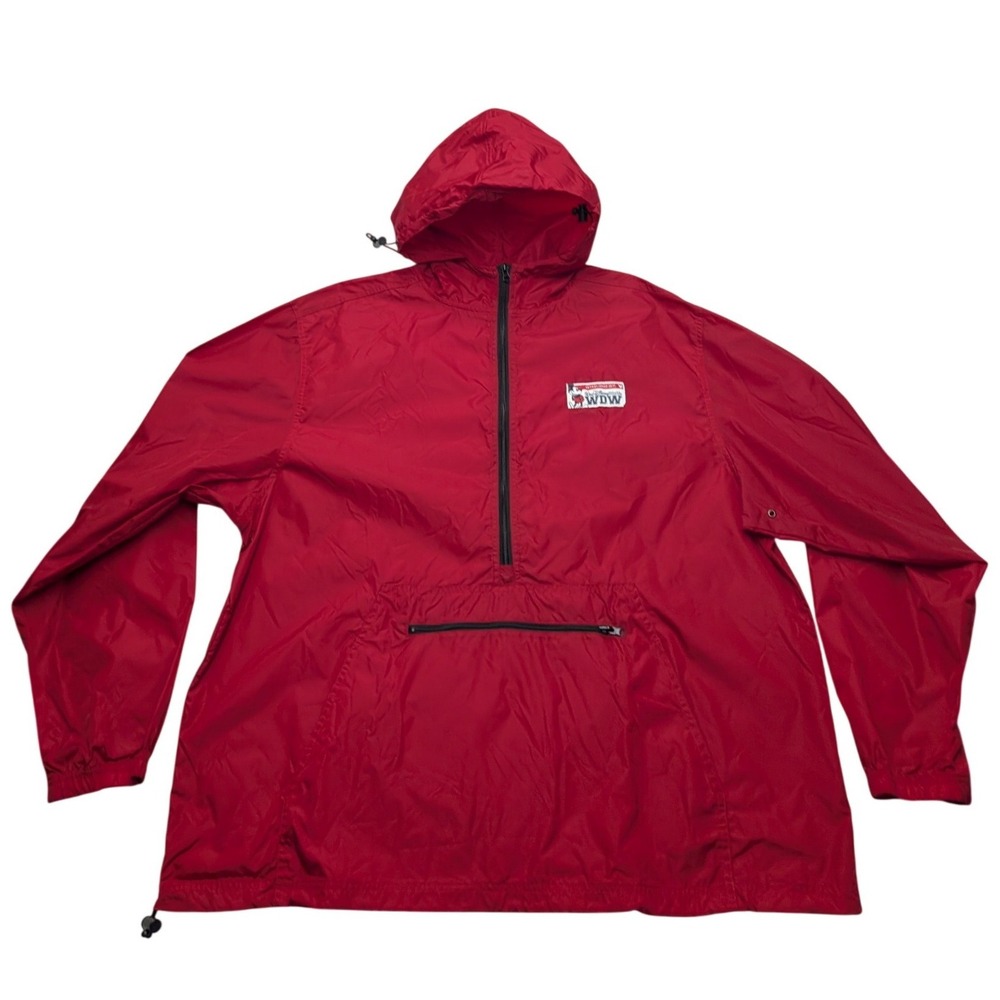 Y2K Walt Disney World Windbreaker Mens XXL Red Half Zip Hooded Anorak Jacket